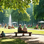 **

A vibrant park in Berlin on a sunny summer day. Focus on the shade provided by large trees, people relaxing on the grass, and perhaps a water fountain or small pond contributing to the cooling effect. Depict diverse people (families, elderly individuals) enjoying the space. Style: Photorealistic. Tone: Refreshing and inviting. Consider including a subtle heat haze in the background to emphasize the contrast.

**