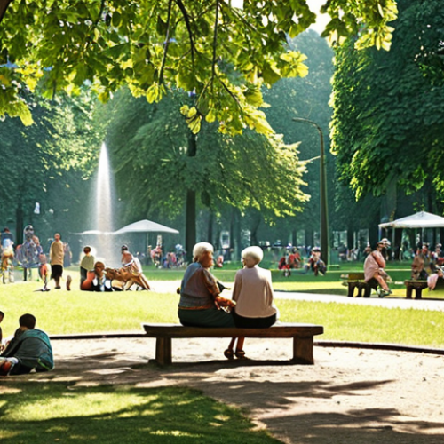 Home 11 **
A vibrant park in Berlin on a sunny summer day. Focus on the shade provided by large trees, people relaxing on the grass, and perhaps a water fountain or small pond contributing to the cooling effect. Depict diverse people (families, elderly individuals) enjoying the space. Style: Photorealistic. Tone: Refreshing and inviting. Consider including a subtle heat haze in the background to emphasize the contrast.
**