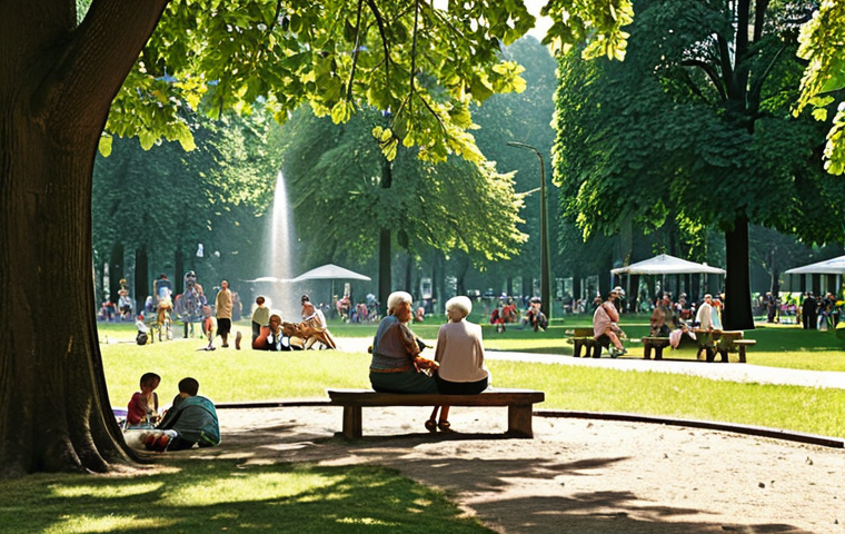 **

A vibrant park in Berlin on a sunny summer day. Focus on the shade provided by large trees, people relaxing on the grass, and perhaps a water fountain or small pond contributing to the cooling effect. Depict diverse people (families, elderly individuals) enjoying the space. Style: Photorealistic. Tone: Refreshing and inviting. Consider including a subtle heat haze in the background to emphasize the contrast.

**