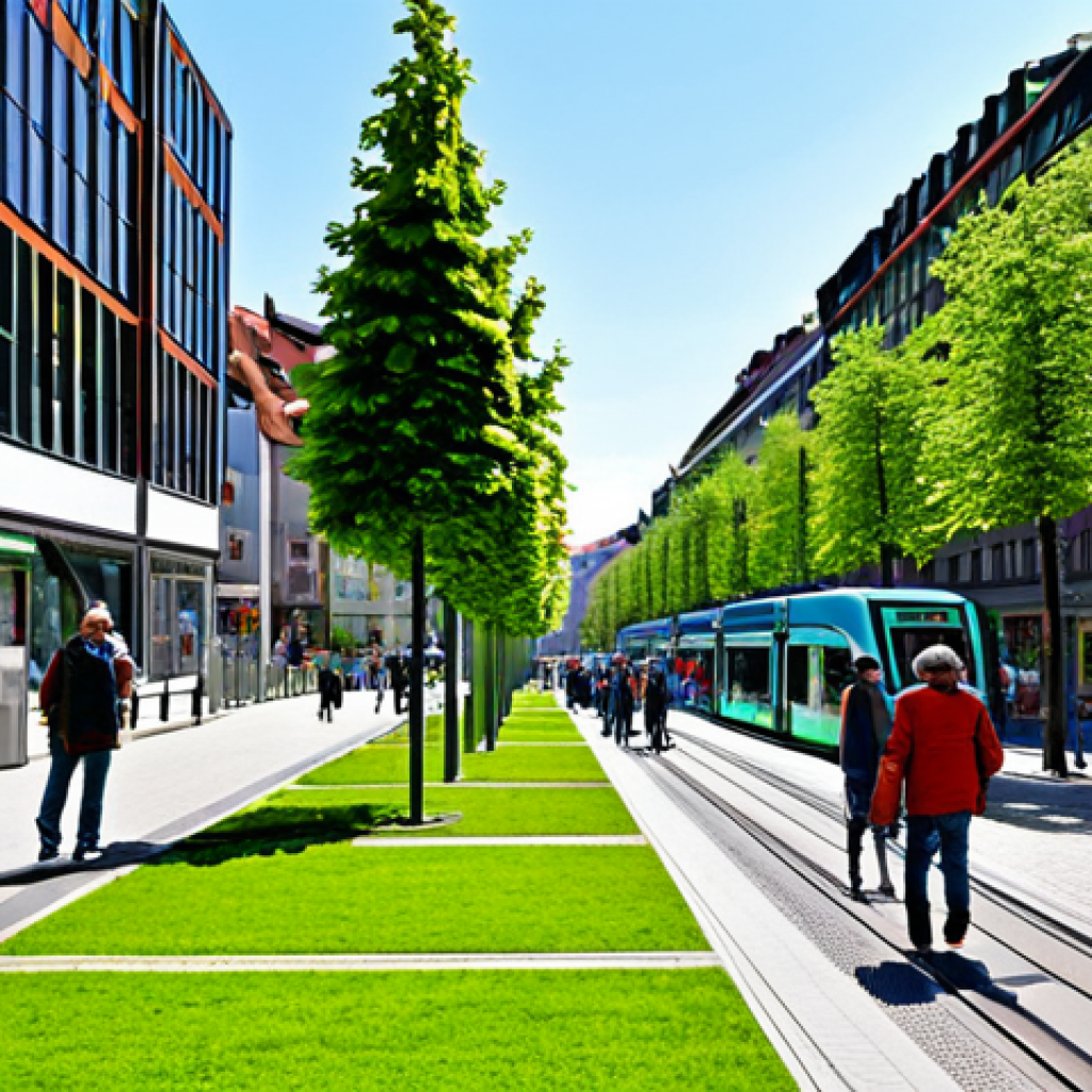 Green City Adaptation**
"A vibrant, bustling city street scene in Freiburg, Germany, showcasing green infrastructure. Pedestrians stroll along tree-lined sidewalks past buildings with green roofs and vertical gardens. Solar panels are visible on rooftops. In the background, modern public transport, such as trams and buses, move efficiently. People of diverse backgrounds are interacting harmoniously. Fully clothed, appropriate attire, safe for work, professional environment, perfect anatomy, natural proportions, high quality, family-friendly, sustainable city living."
**