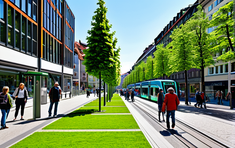 Green City Adaptation**
"A vibrant, bustling city street scene in Freiburg, Germany, showcasing green infrastructure. Pedestrians stroll along tree-lined sidewalks past buildings with green roofs and vertical gardens. Solar panels are visible on rooftops. In the background, modern public transport, such as trams and buses, move efficiently. People of diverse backgrounds are interacting harmoniously. Fully clothed, appropriate attire, safe for work, professional environment, perfect anatomy, natural proportions, high quality, family-friendly, sustainable city living."
**