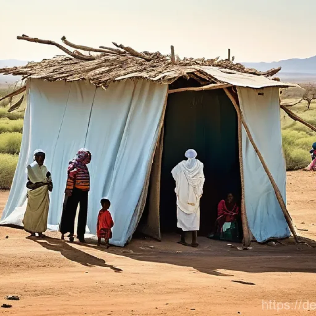 기후 난민과 국제 법률 - A serene, yet subtly challenging outdoor scene in a sun-drenched, arid region of the Global South. A...