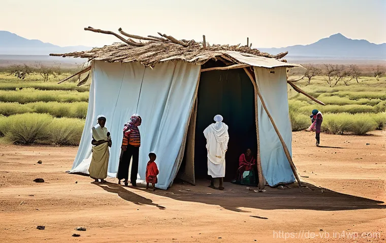 기후 난민과 국제 법률 - A serene, yet subtly challenging outdoor scene in a sun-drenched, arid region of the Global South. A...