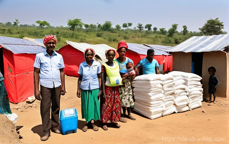 기후 난민 지원을 위한 국제 협의체 - **Prompt 1: Global Humanitarian Aid in Action**
"A vibrant, wide-angle shot depicting diverse in...