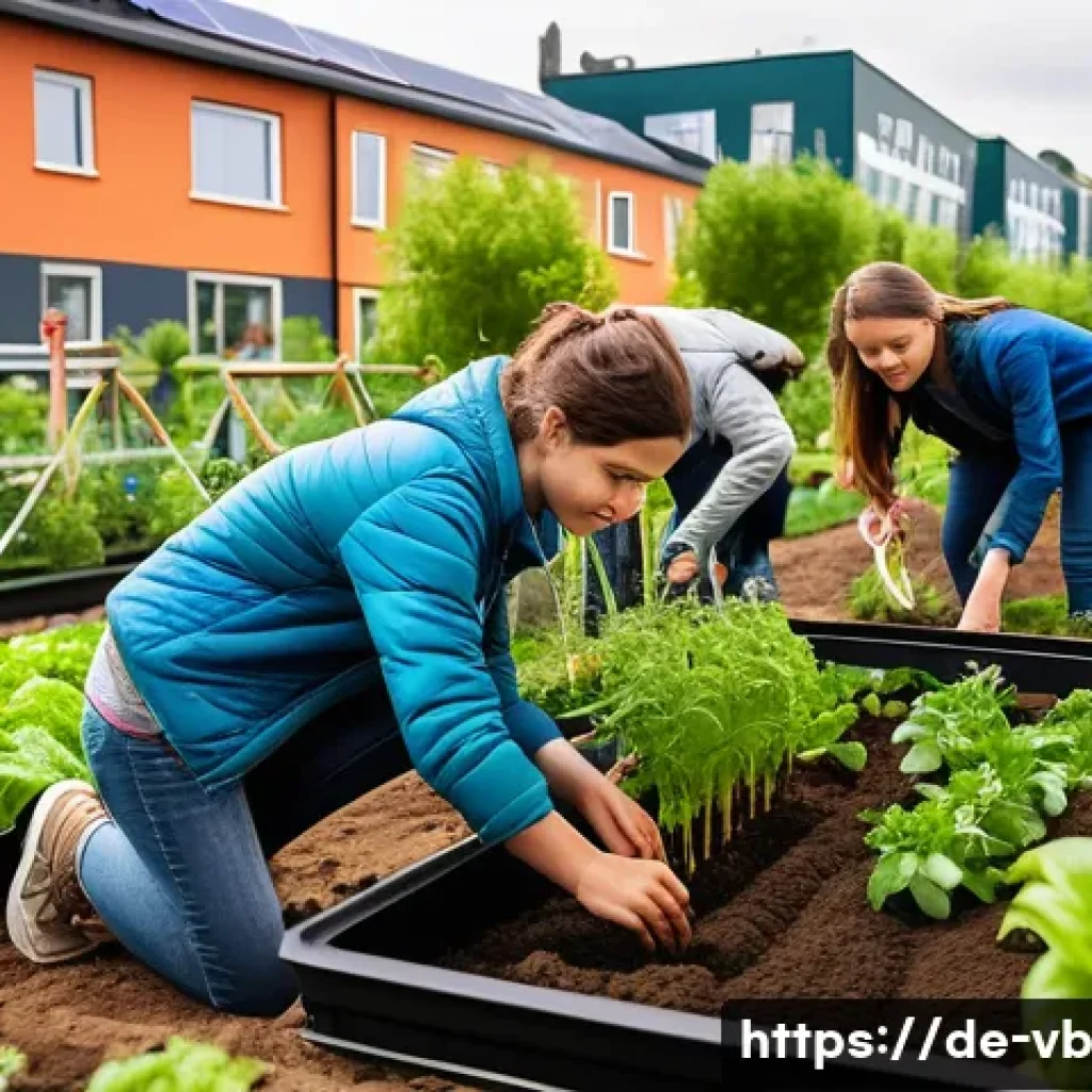 기후 난민 대책의 성공 사례 - A vibrant community garden scene in a European urban neighborhood, showing diverse adults and teenag...