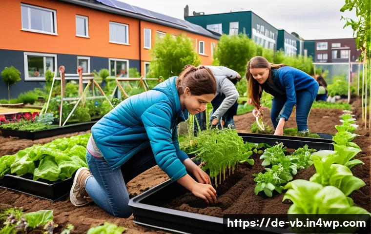 기후 난민 대책의 성공 사례 - A vibrant community garden scene in a European urban neighborhood, showing diverse adults and teenag...