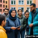 Home 22 기후 난민과 사회복지 정책 - A diverse group of climate migrants wearing modest, culturally respectful clothing and light jackets...