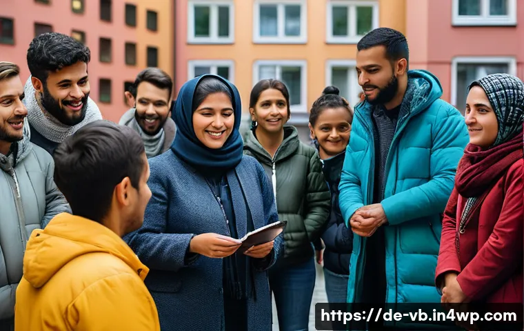 기후 난민과 사회복지 정책 - A diverse group of climate migrants wearing modest, culturally respectful clothing and light jackets...
