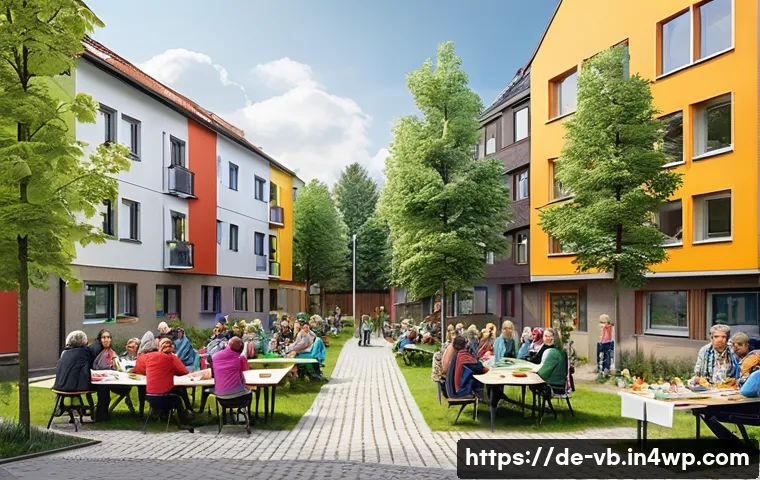기후 난민 문제 해결을 위한 사회적 접근 - A vibrant neighborhood scene in a German city showing a diverse group of adults attending an outdoor...