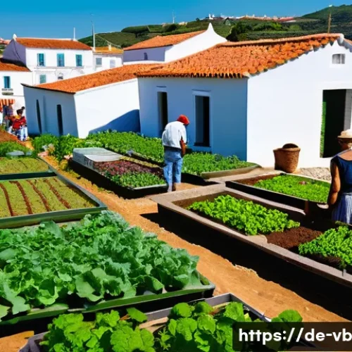 Home 32 기후 난민 대책과 지속 가능한 개발 목표 - A vibrant community garden in a small Portuguese village, with diverse people of all ages working to...