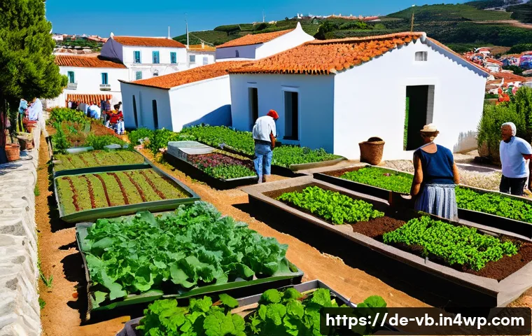 기후 난민 대책과 지속 가능한 개발 목표 - A vibrant community garden in a small Portuguese village, with diverse people of all ages working to...