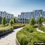 Home 19 기후 난민과 메가시티의 도전 - A vibrant urban park in Berlin featuring lush green rooftop gardens and well-maintained public parks...