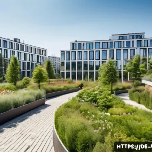 Home 31 기후 난민과 메가시티의 도전 - A vibrant urban park in Berlin featuring lush green rooftop gardens and well-maintained public parks...