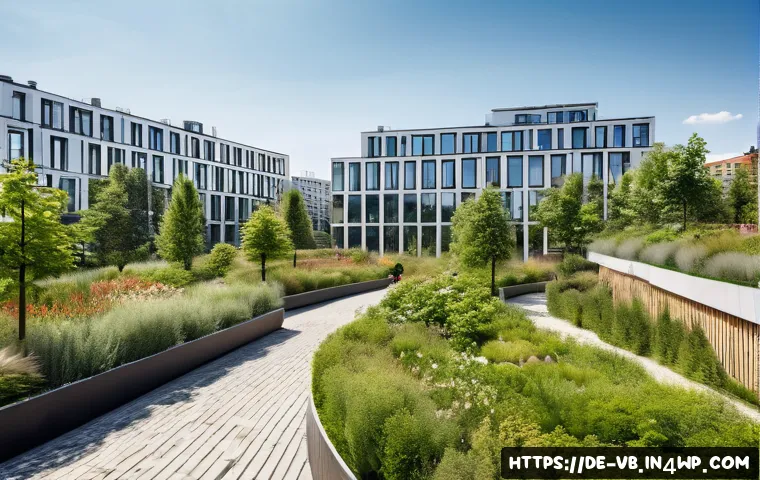 기후 난민과 메가시티의 도전 - A vibrant urban park in Berlin featuring lush green rooftop gardens and well-maintained public parks...