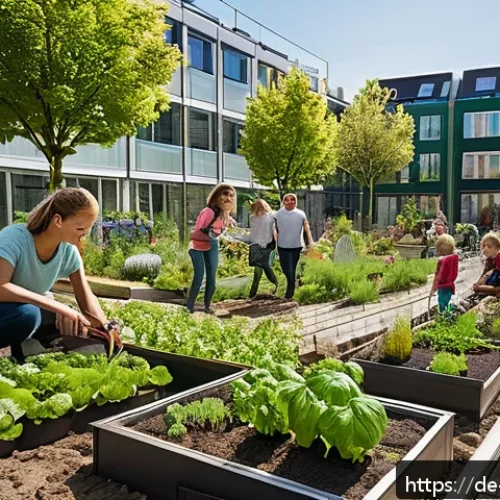 Home 30 기후 난민과 환경 복지 연계 방안 - A vibrant urban community garden scene in a modern German city, featuring diverse people of differen...