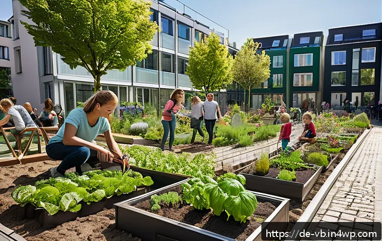 기후 난민과 환경 복지 연계 방안 - A vibrant urban community garden scene in a modern German city, featuring diverse people of differen...