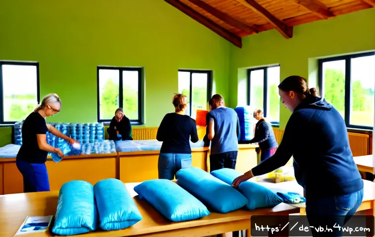 기후 난민 대책을 위한 민간 차원의 노력 - Photorealistic community volunteer team preparing a welcoming support center for climate-displaced f...