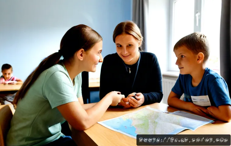 기후 난민 대책과 국제 사회의 역할 - Photorealistic humanitarian reception scene in a modern German community center, a displaced family ...